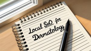 notebook with "local seo for dermatology" written on it