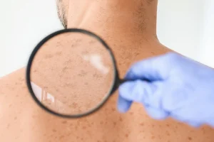 Doctor looking at freckles on a man's shoulder
